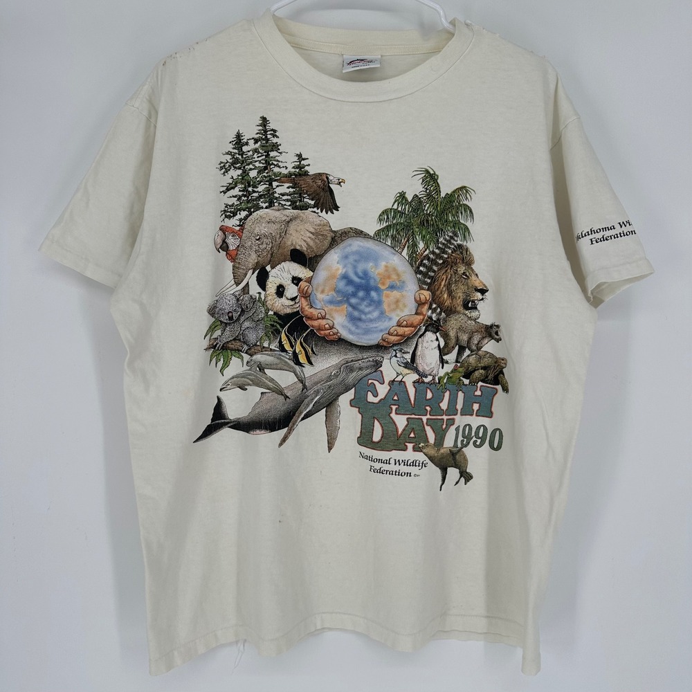 Vintage 90s Harlequin Earth Day T Shirt XL National Wildlife Federation Cream